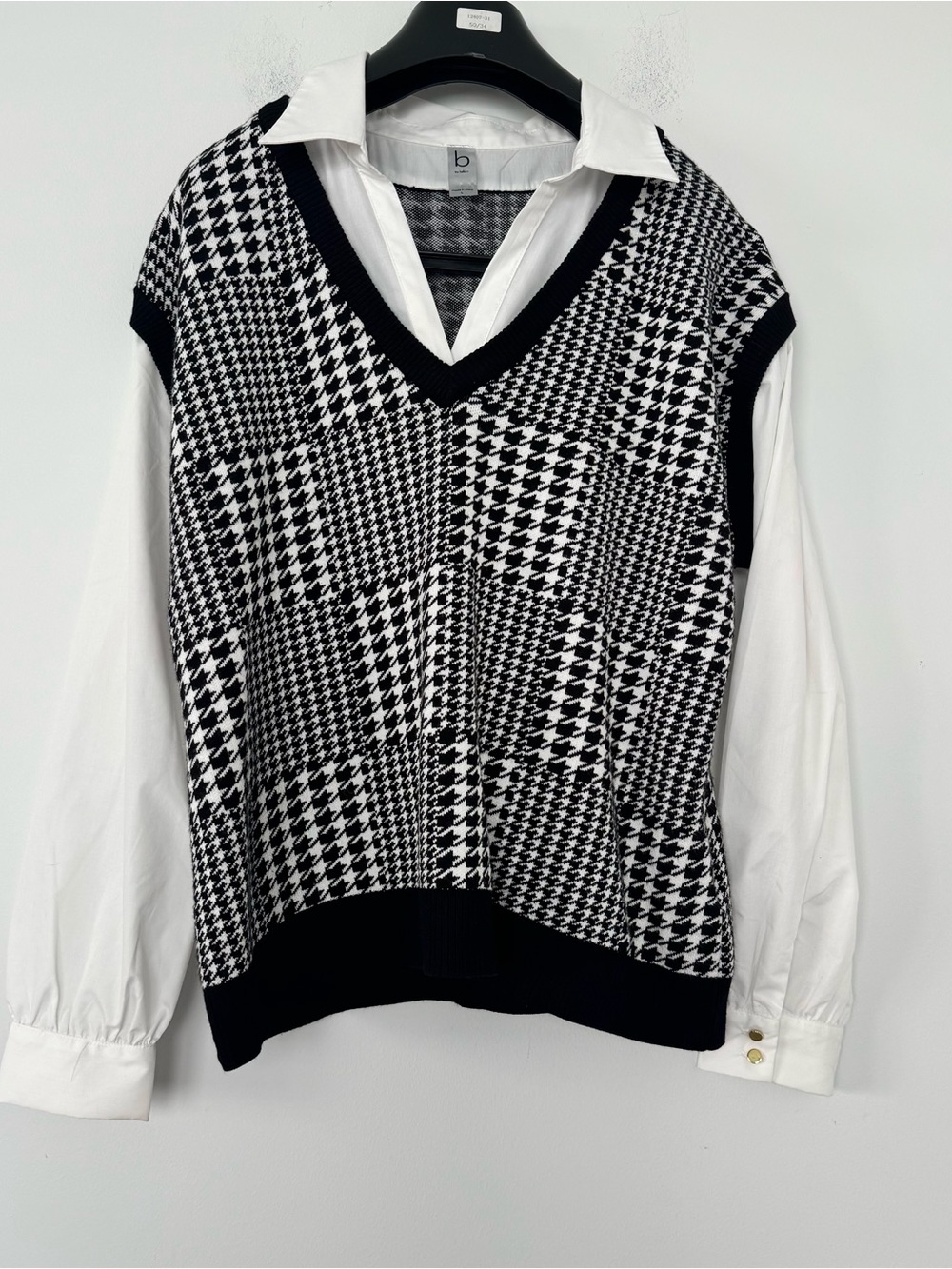 Womens Layered Sweater Vest L Houndstooth Shirt Black White Old Money Lagenlook